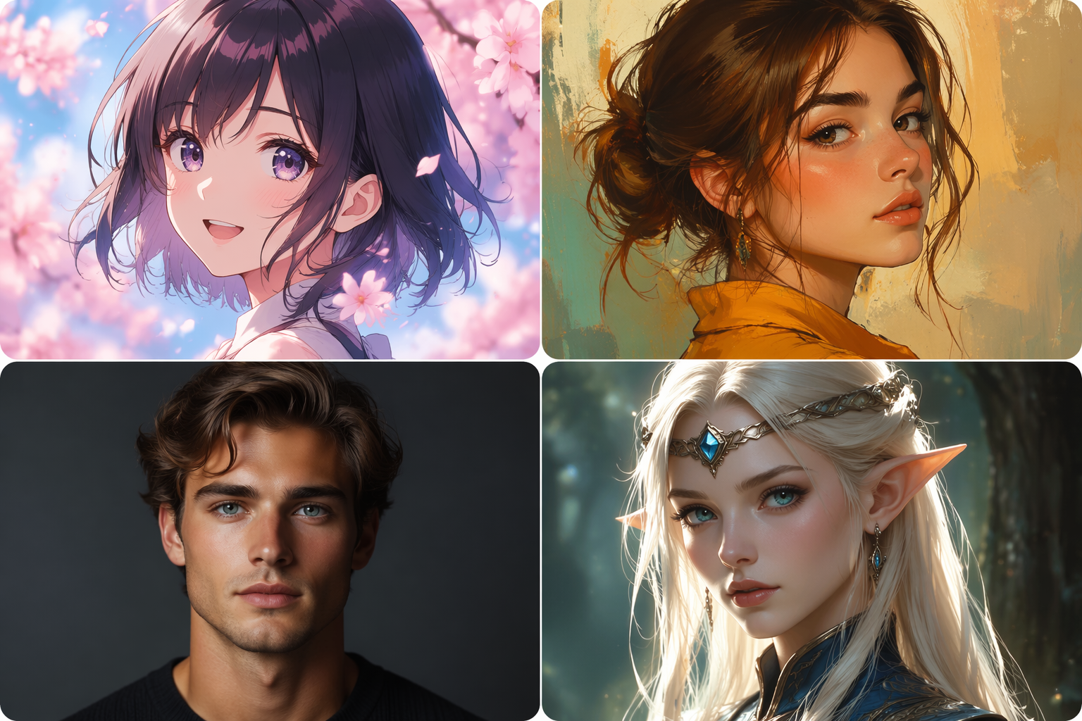 A grid of stylized AI-generated profile pictures in anime, illustration, and photoreal styles for social platforms