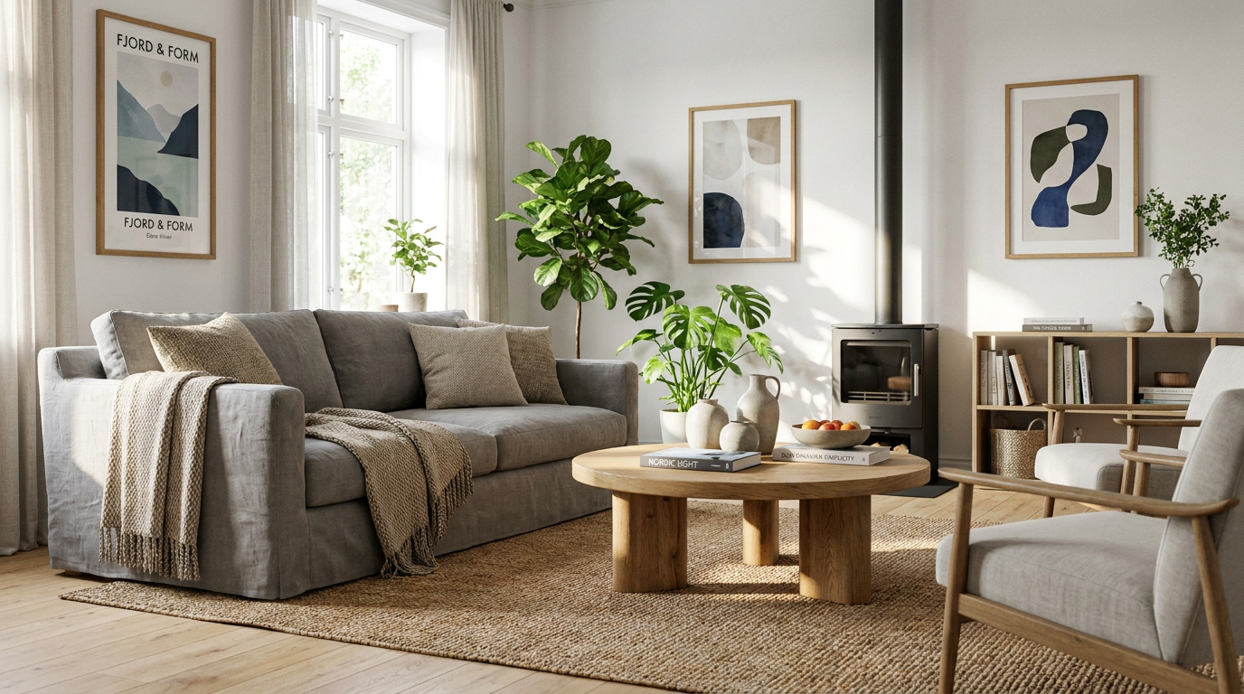 AI room design of a Scandinavian living room with light oak floor, grey linen sofa, and plants