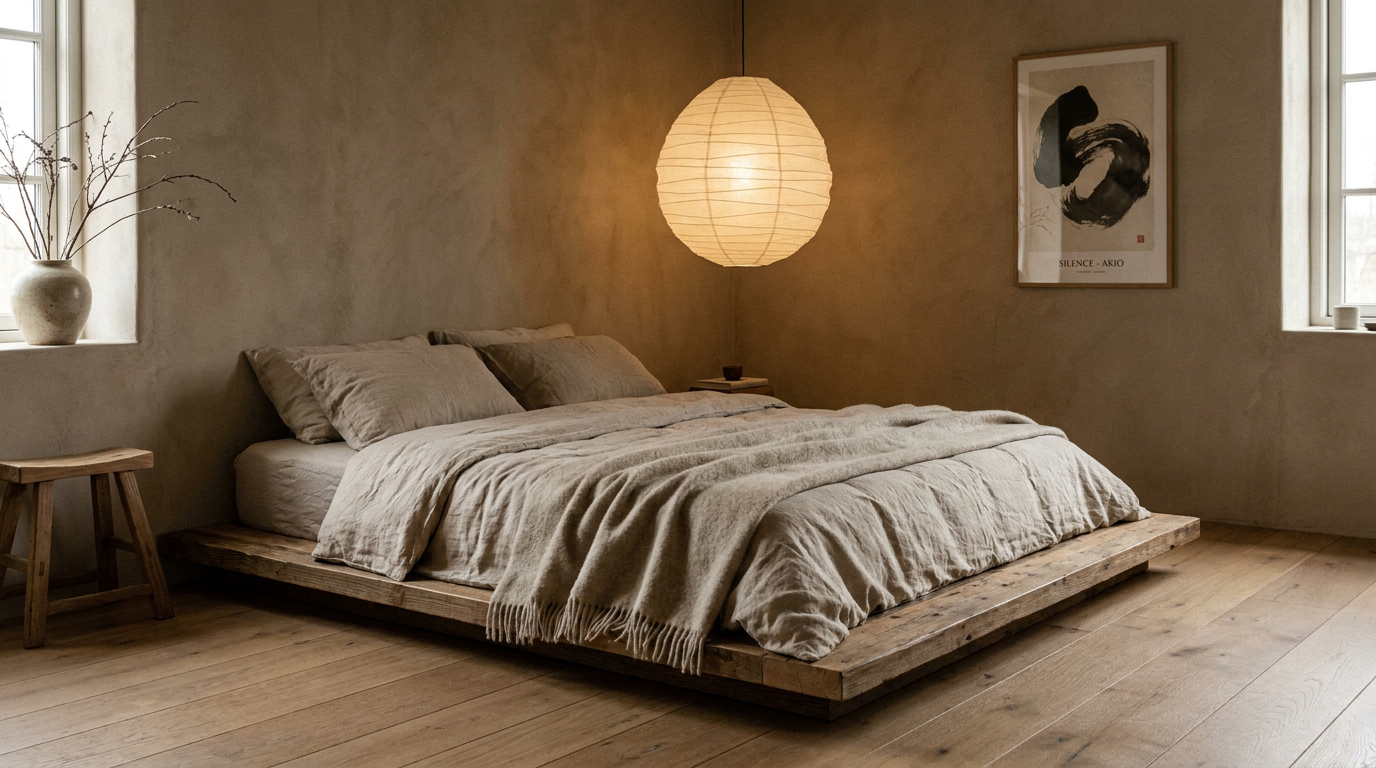 AI room design of a Japandi wabi-sabi bedroom with a low wood bed and paper lantern
