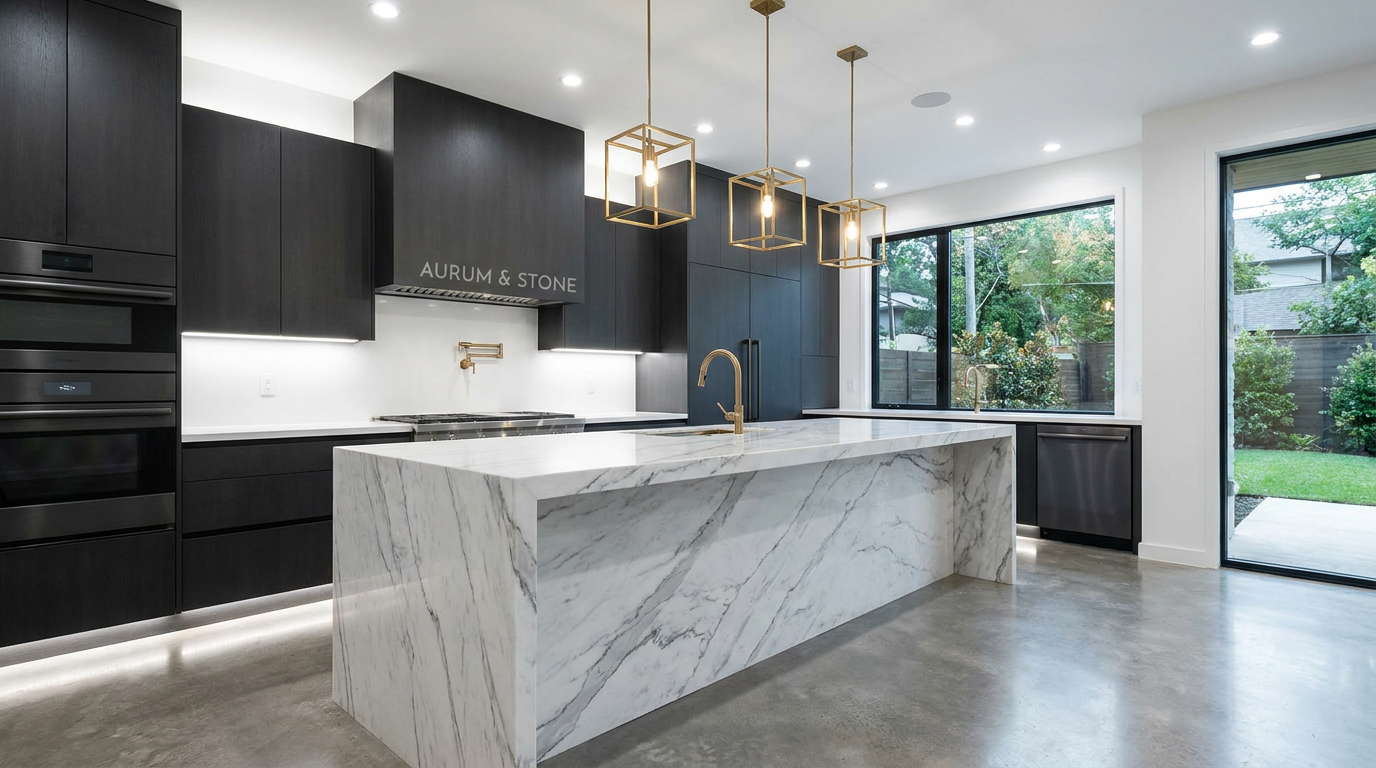 AI room design of a modern luxury kitchen with dark cabinetry and a white marble island