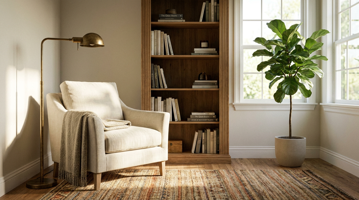 AI virtual staging turning an empty room into a cozy reading nook with an armchair and bookshelf