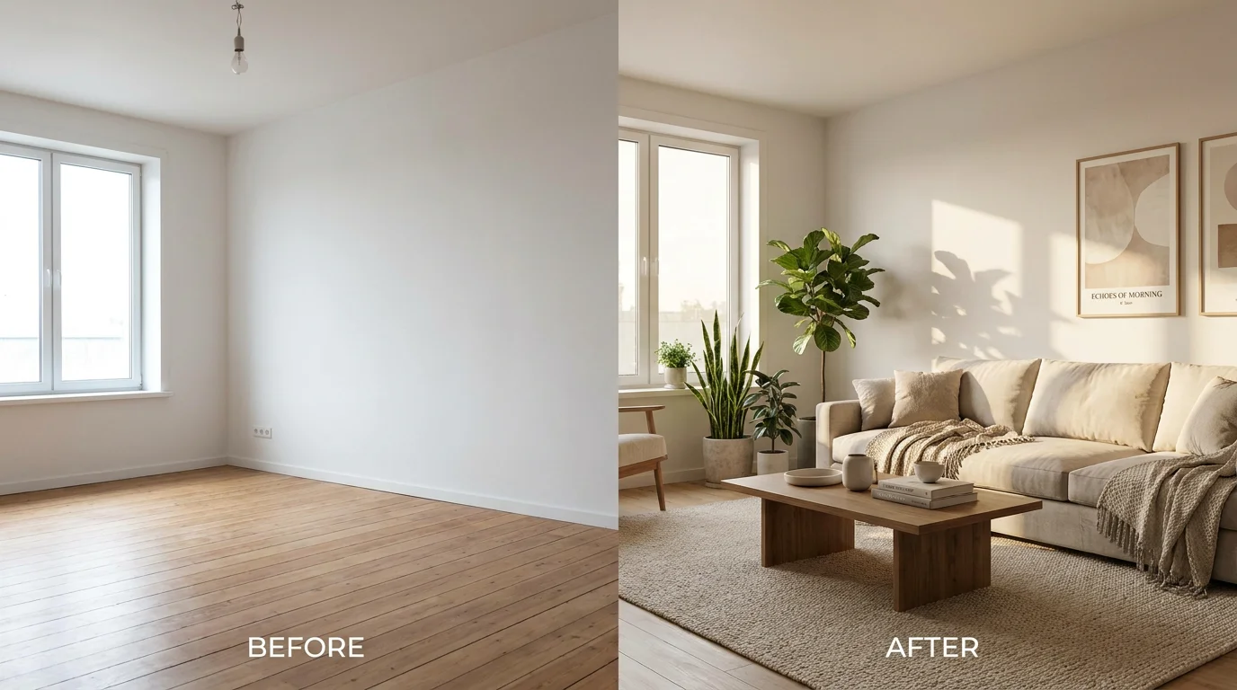 Before-and-after AI room design: an empty room on the left, the same room restyled with furniture and warm light on the right