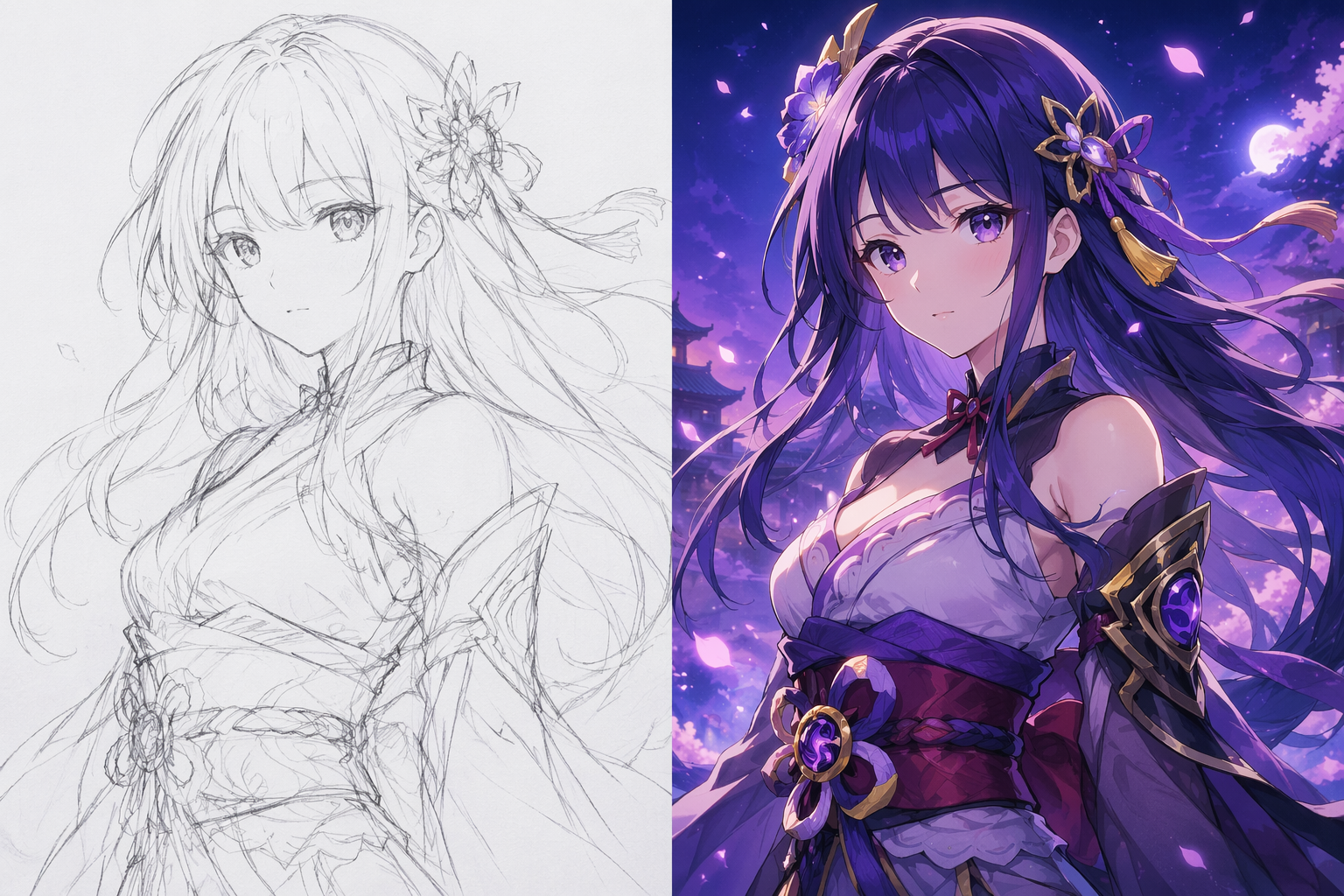 鉛筆キャラクタースケッチがフルカラーのアニメ風デジタルイラストに変換された例