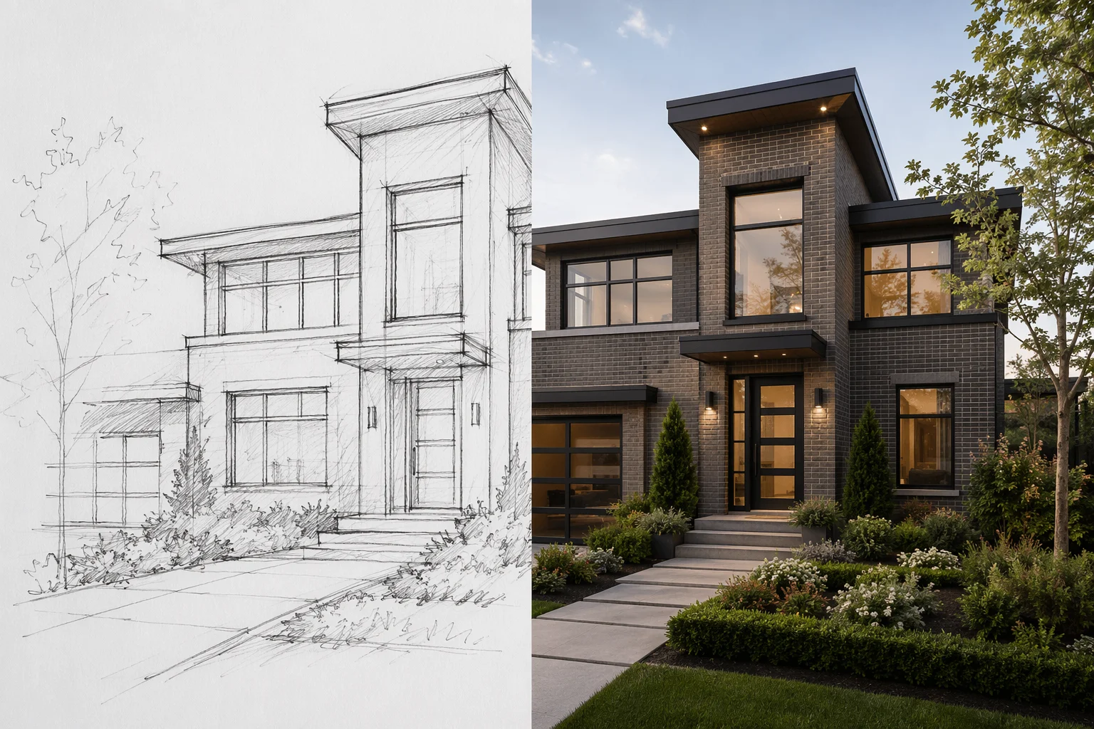 Boceto de líneas arquitectónico renderizado como exterior de edificio fotorrealista