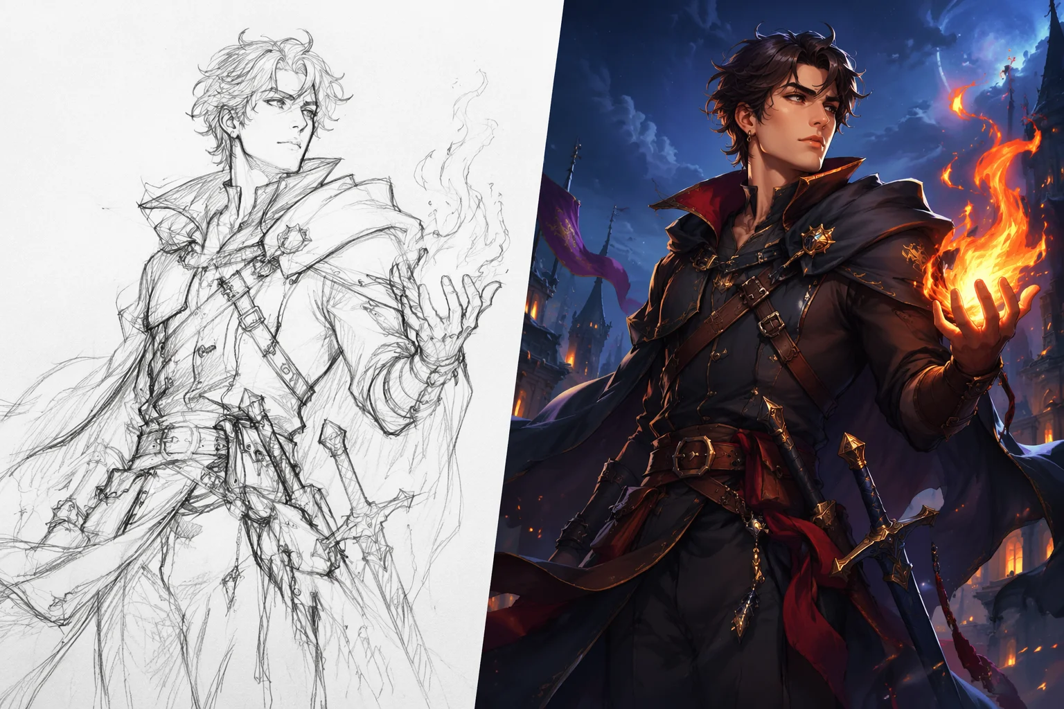 A rough pencil sketch transformed into a fully rendered digital illustration by AI