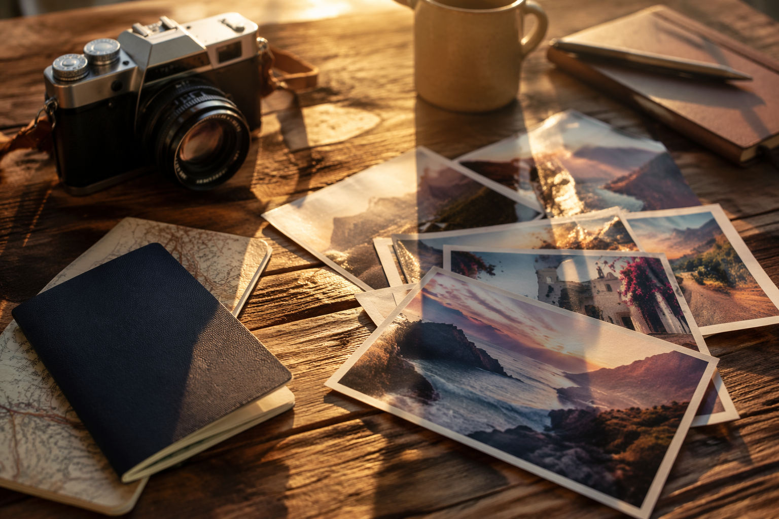Travel photos animated into a flowing AI slideshow video — mountain landscapes with gentle zoom motion