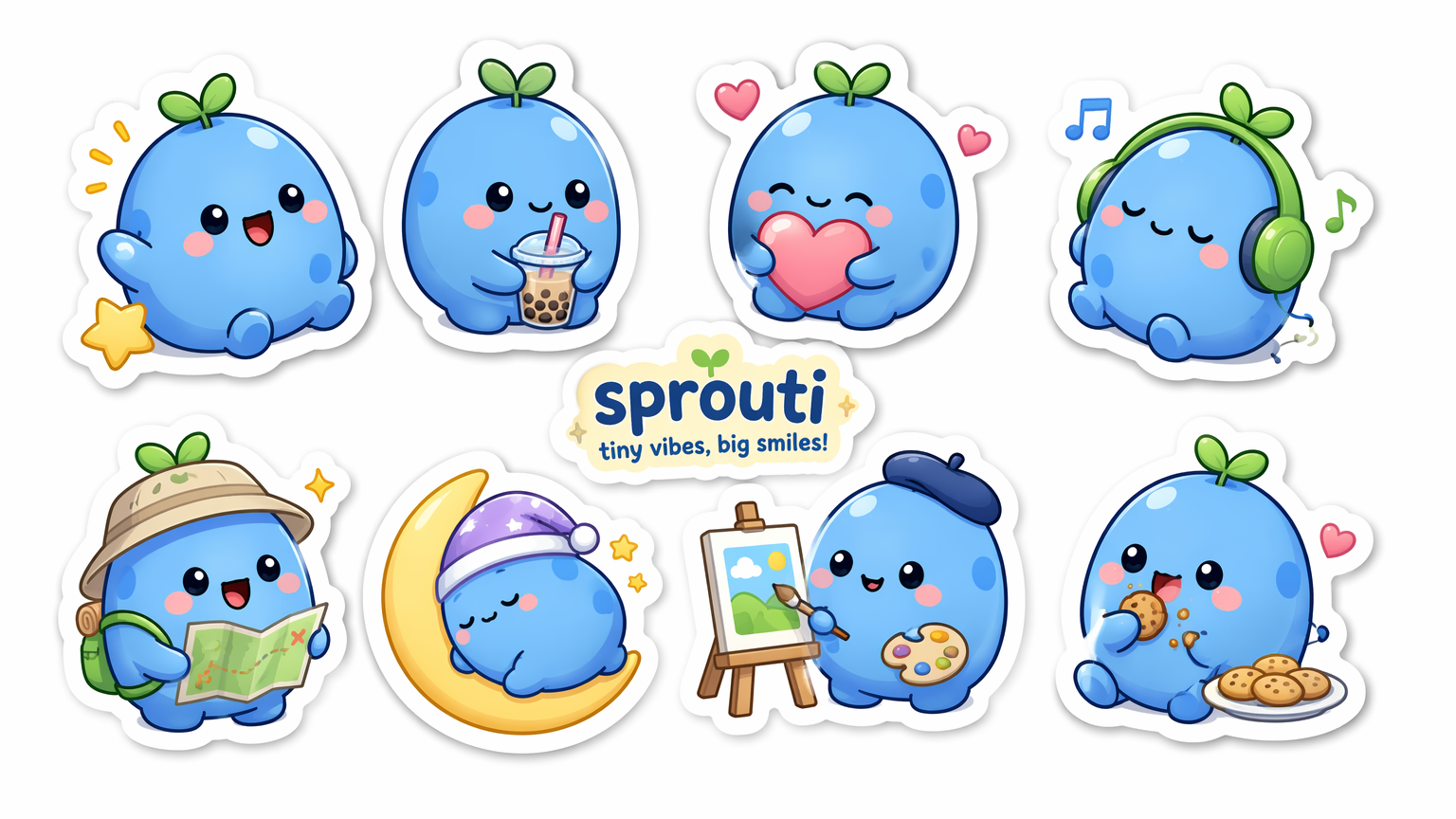 AI kawaii die-cut sticker pack of an original round mascot in different poses with white borders