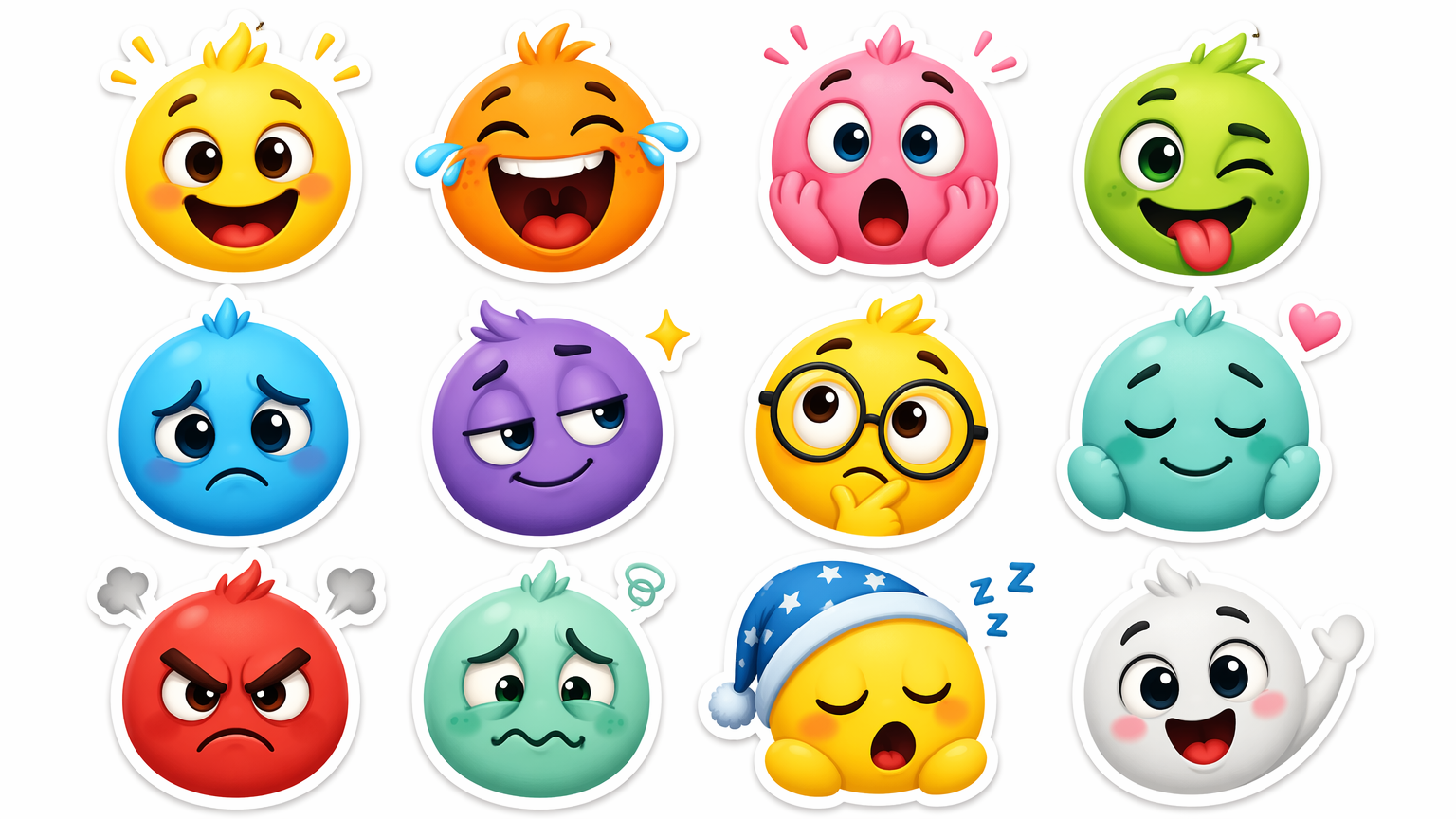 AI emoji-style die-cut face stickers showing happy, laughing, surprised and sleepy expressions