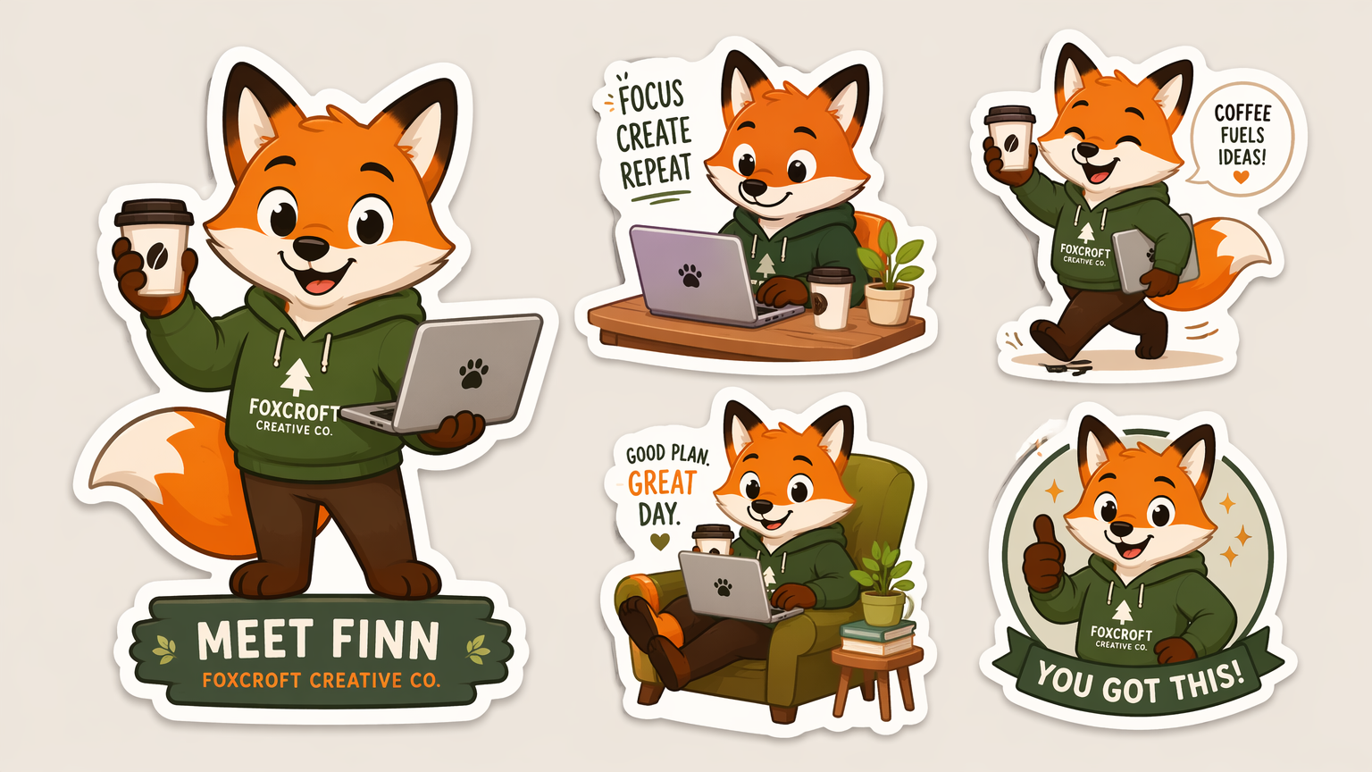 AI brand-mascot die-cut stickers of an original cartoon fox holding a coffee cup and laptop