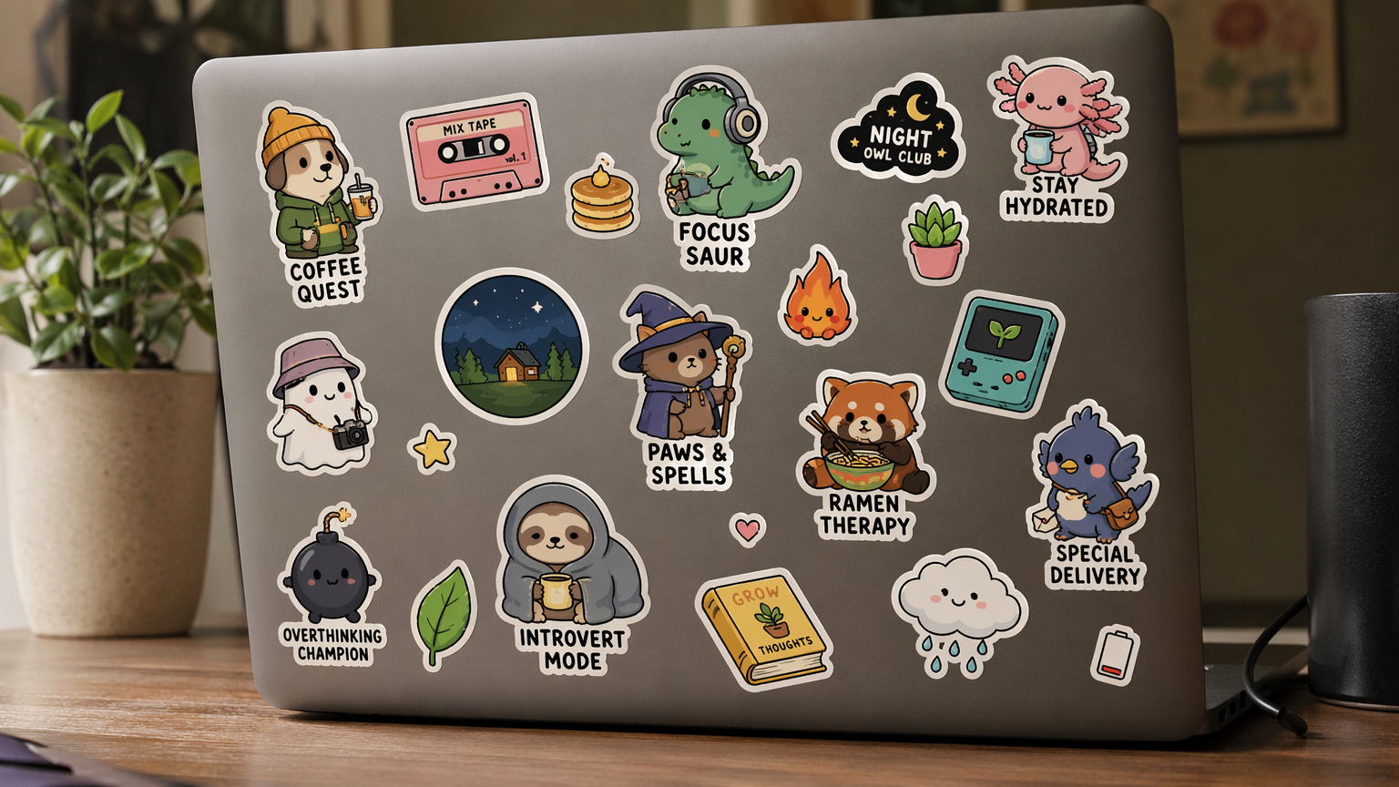 AI vinyl die-cut stickers of original characters applied to a laptop lid mockup
