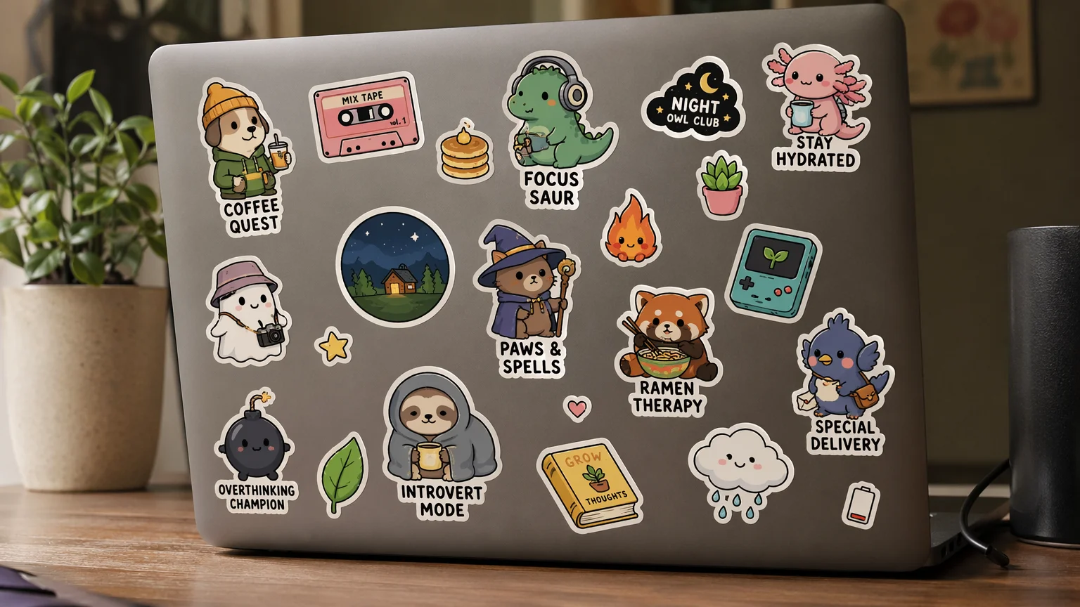 AI vinyl die-cut stickers of original characters applied to a laptop lid mockup