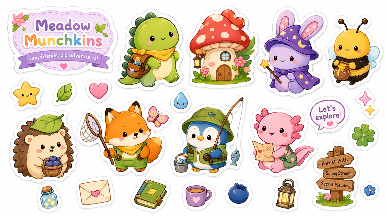 A sheet of AI-generated die-cut stickers of original kawaii characters with thick white borders on a white background