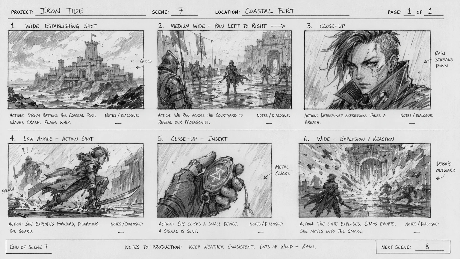 Six-panel black-and-white AI storyboard sheet with shot labels for an original short film