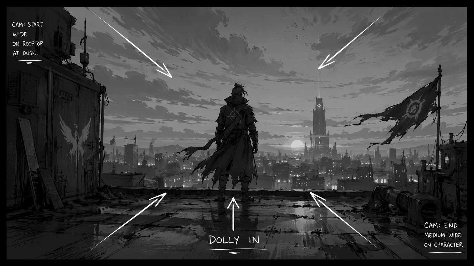 Single AI storyboard frame with camera-movement arrows showing a pan on an original character