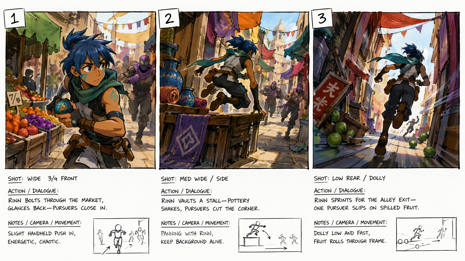 Three-panel AI storyboard chase strip showing wide, tracking, and close-up shots of an original character