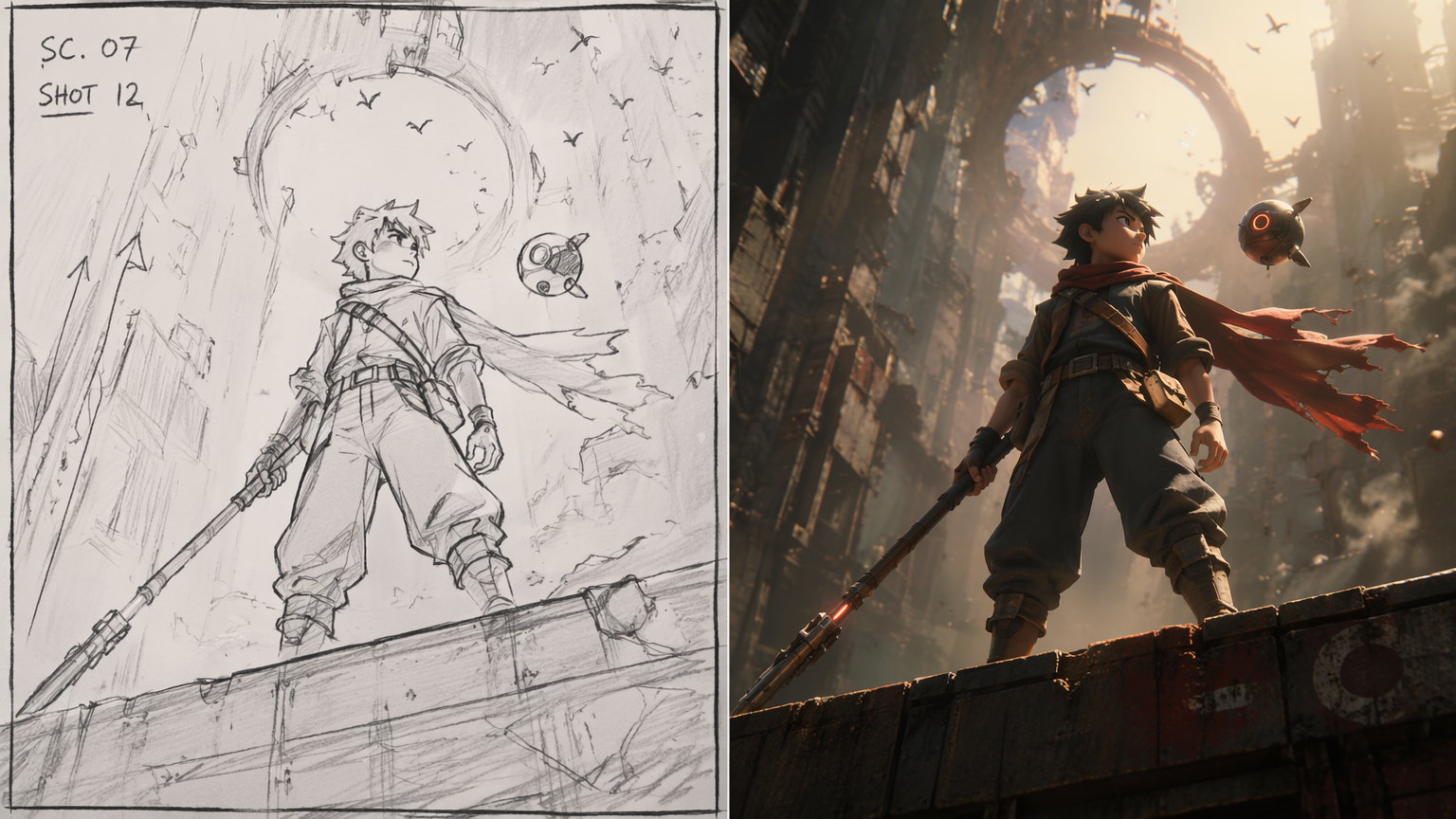 AI storyboard frame next to the generated video shot it produced, showing the board-to-footage match