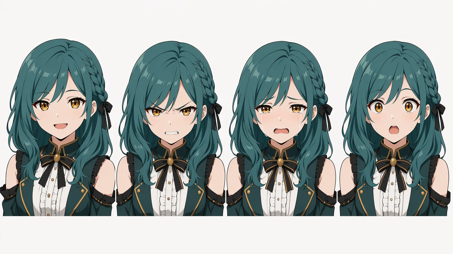 笑顔・怒り・泣き・驚きを横並びにした、オリジナルのセル調アニメキャラの表情差分シート
