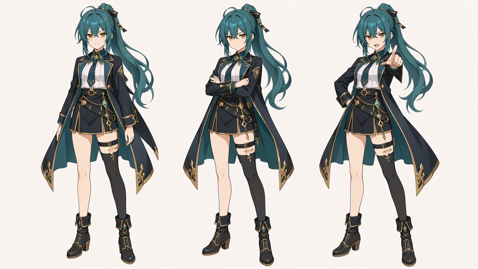 立ち・腕組み・指差しのポーズ違いを並べた、同じオリジナルセル調キャラの全身立ち絵