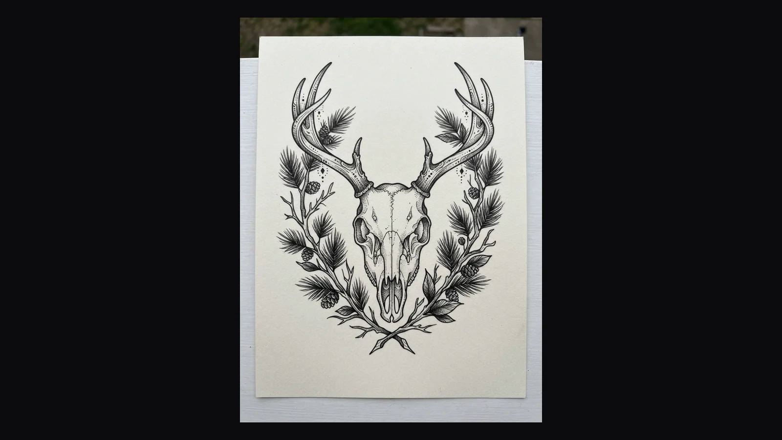 Blackwork style AI tattoo design of a stag skull framed by pine branches