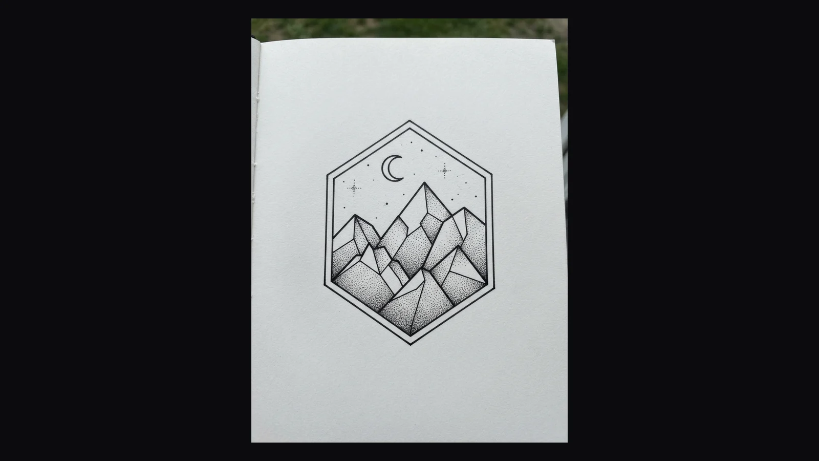 Geometric style AI tattoo design of a mountain range inside a hexagon with dotwork shading