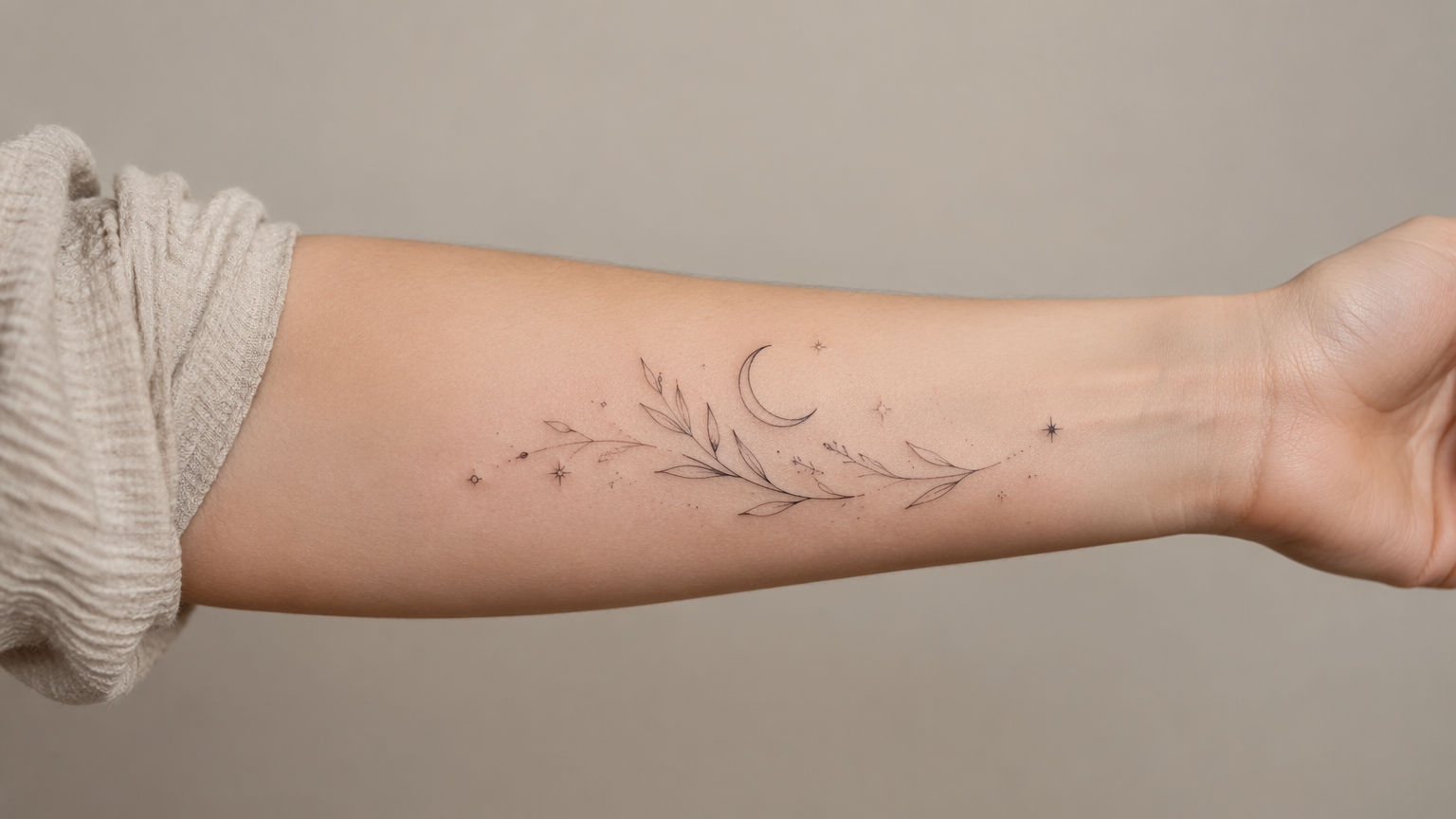Minimalist fine-line celestial and botanical tattoo on a forearm with thin black linework
