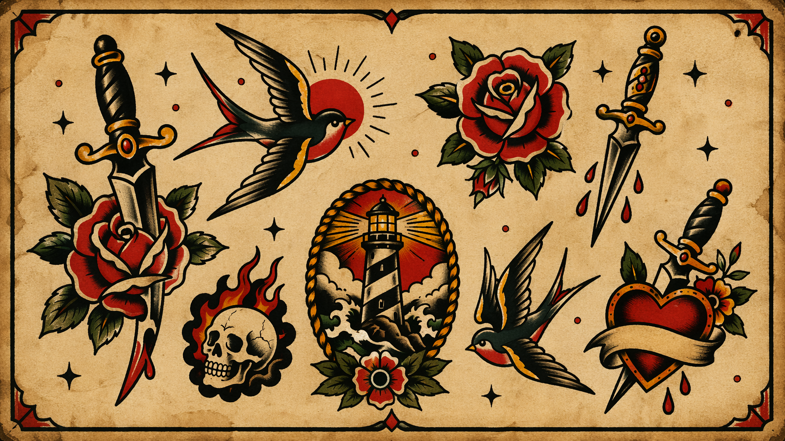 American traditional old-school tattoo flash sheet with an original dagger, rose, and swallow