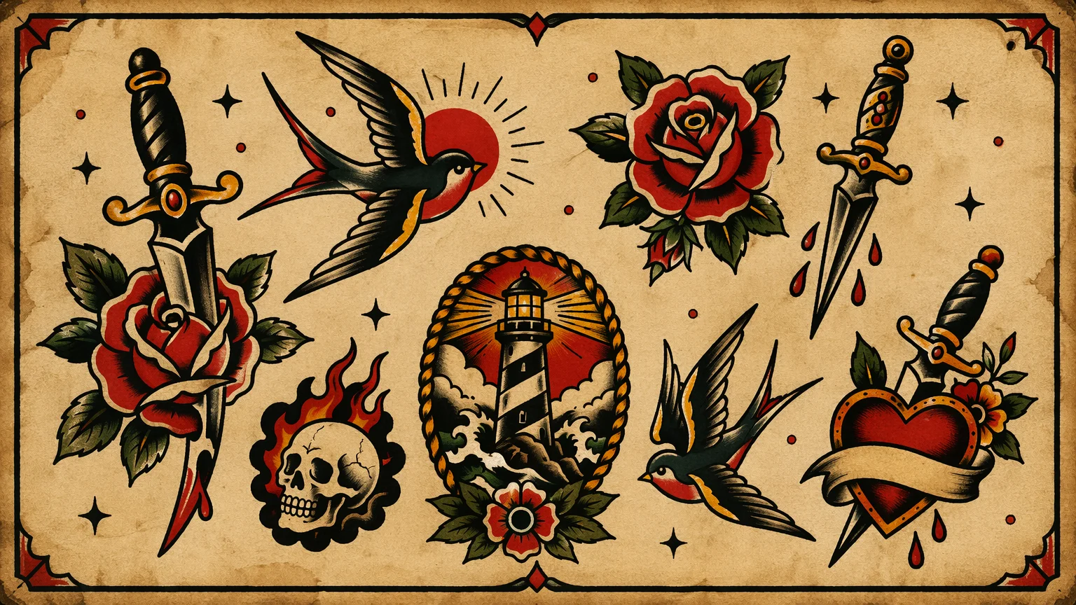American traditional old-school tattoo flash sheet with an original dagger, rose, and swallow