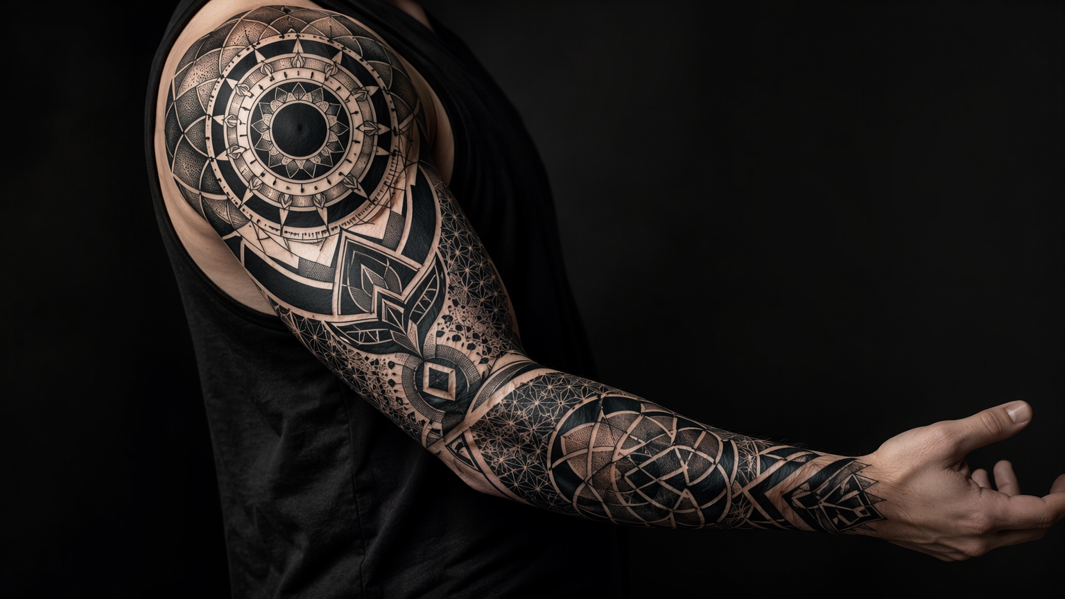 Blackwork geometric tattoo sleeve mockup on an arm with bold solid-black sacred-geometry patterns