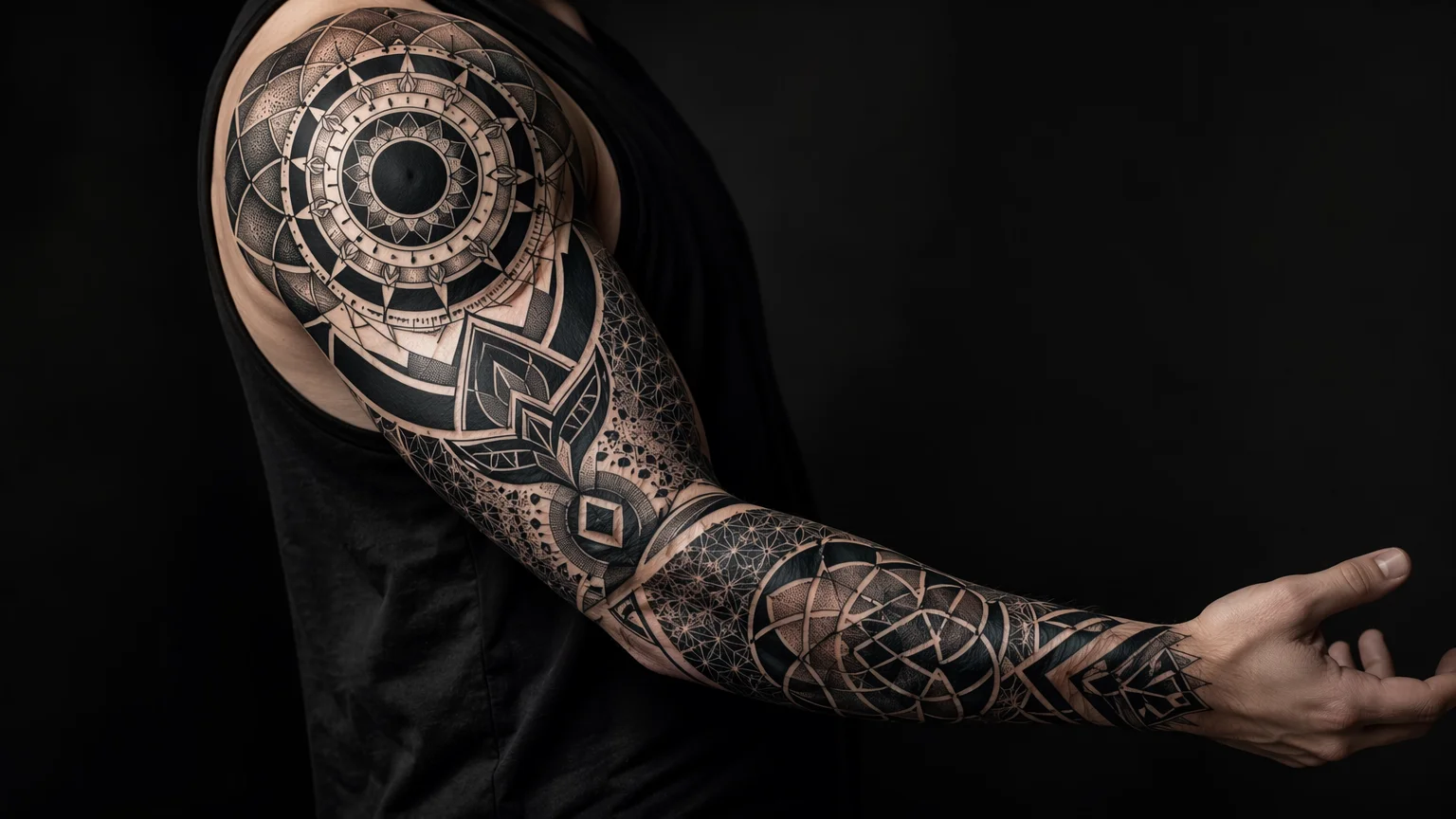 Blackwork geometric tattoo sleeve mockup on an arm with bold solid-black sacred-geometry patterns