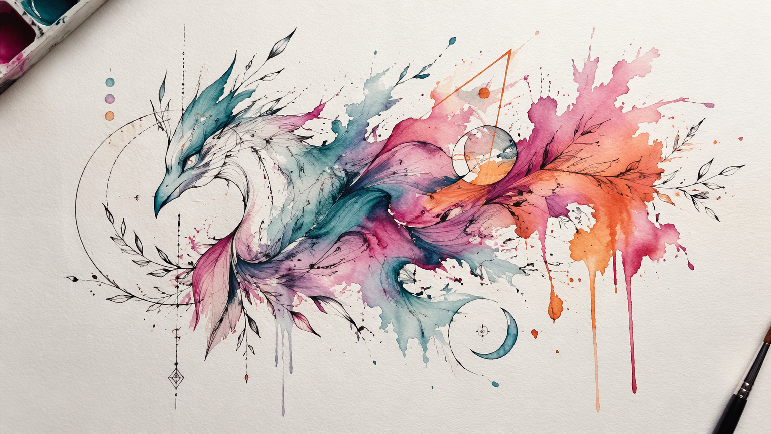 Watercolor-style abstract tattoo design on white paper with teal, magenta, and orange splashes