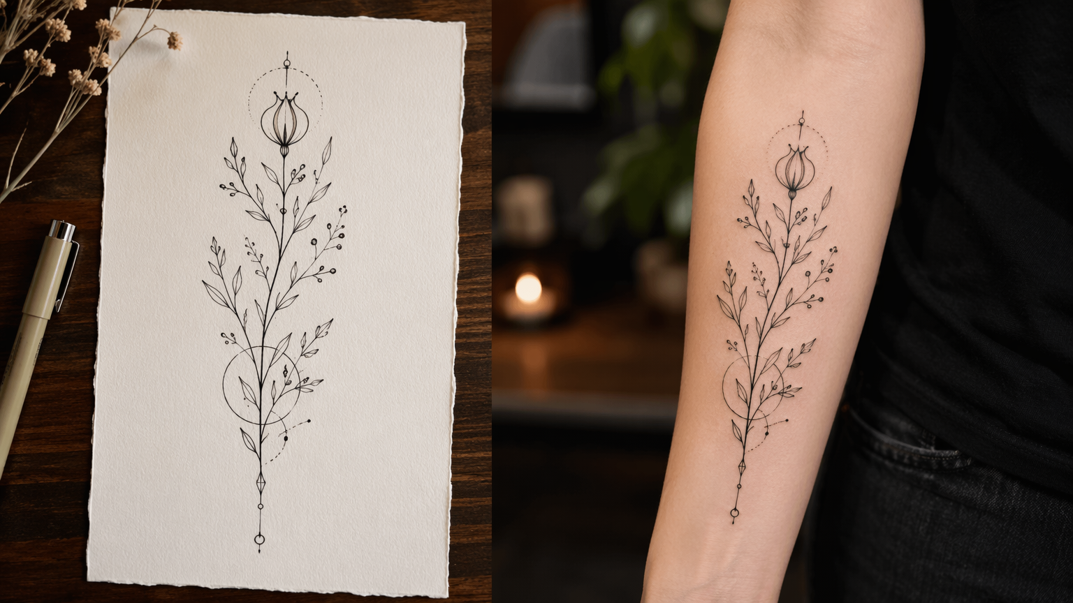 Original fine-line botanical tattoo shown as flash art on paper and rendered cleanly on a forearm