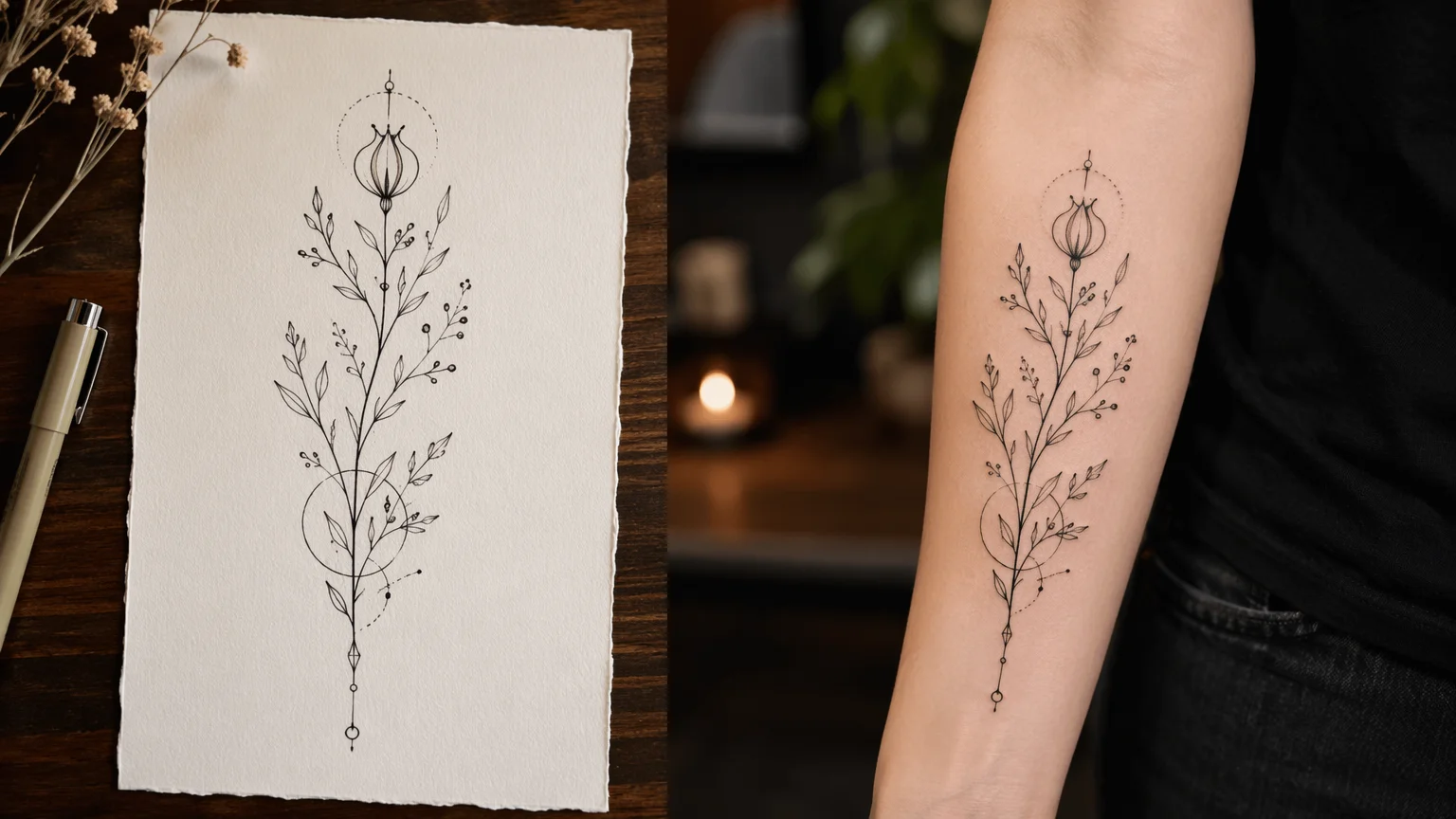 Original fine-line botanical tattoo shown as flash art on paper and rendered cleanly on a forearm