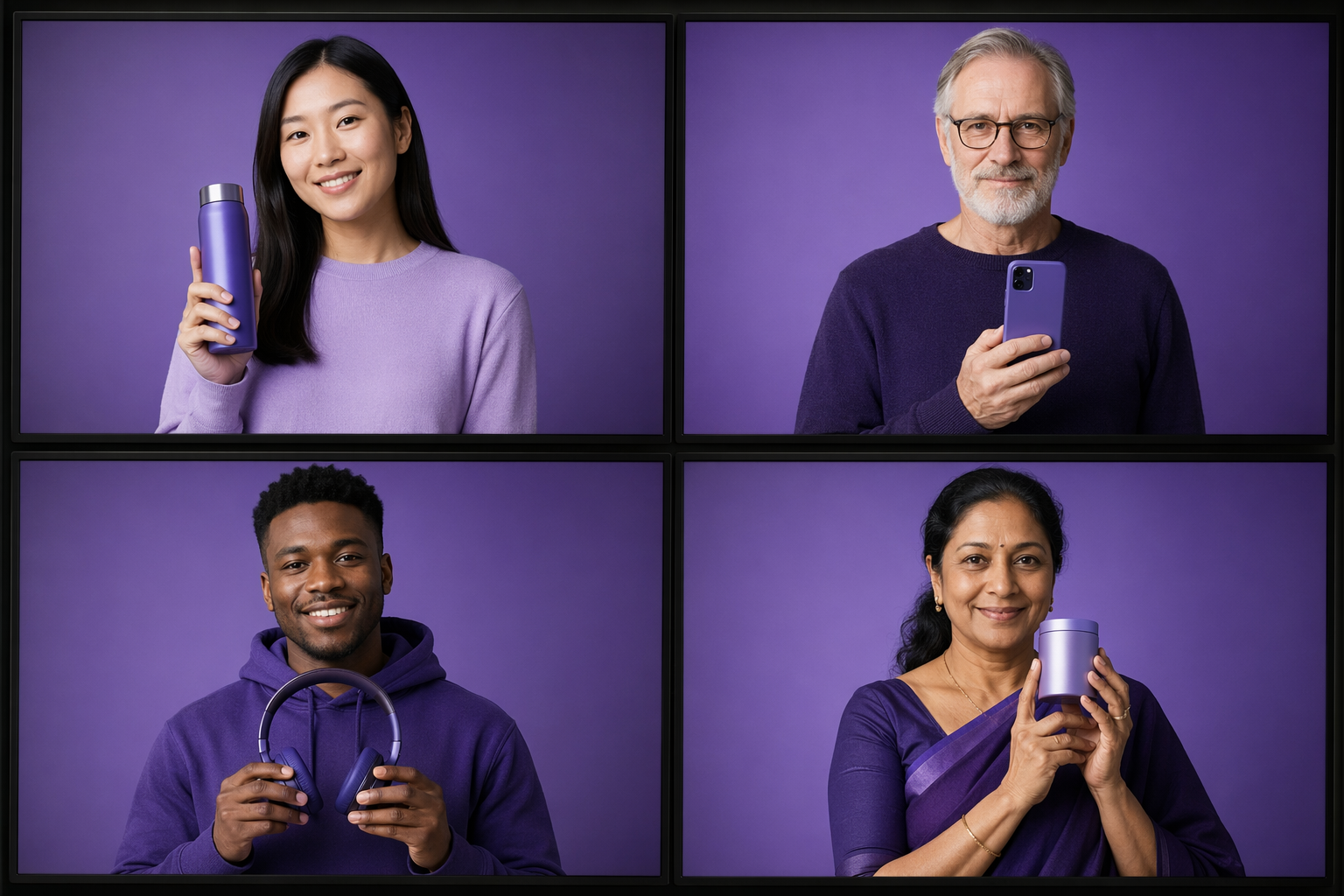 Four diverse fictional AI spokespersons representing different markets with the same brand message
