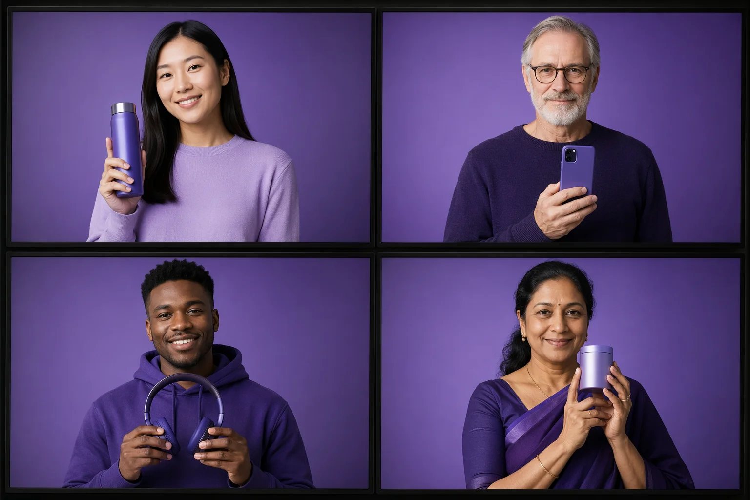 Four diverse fictional AI spokespersons representing different markets with the same brand message