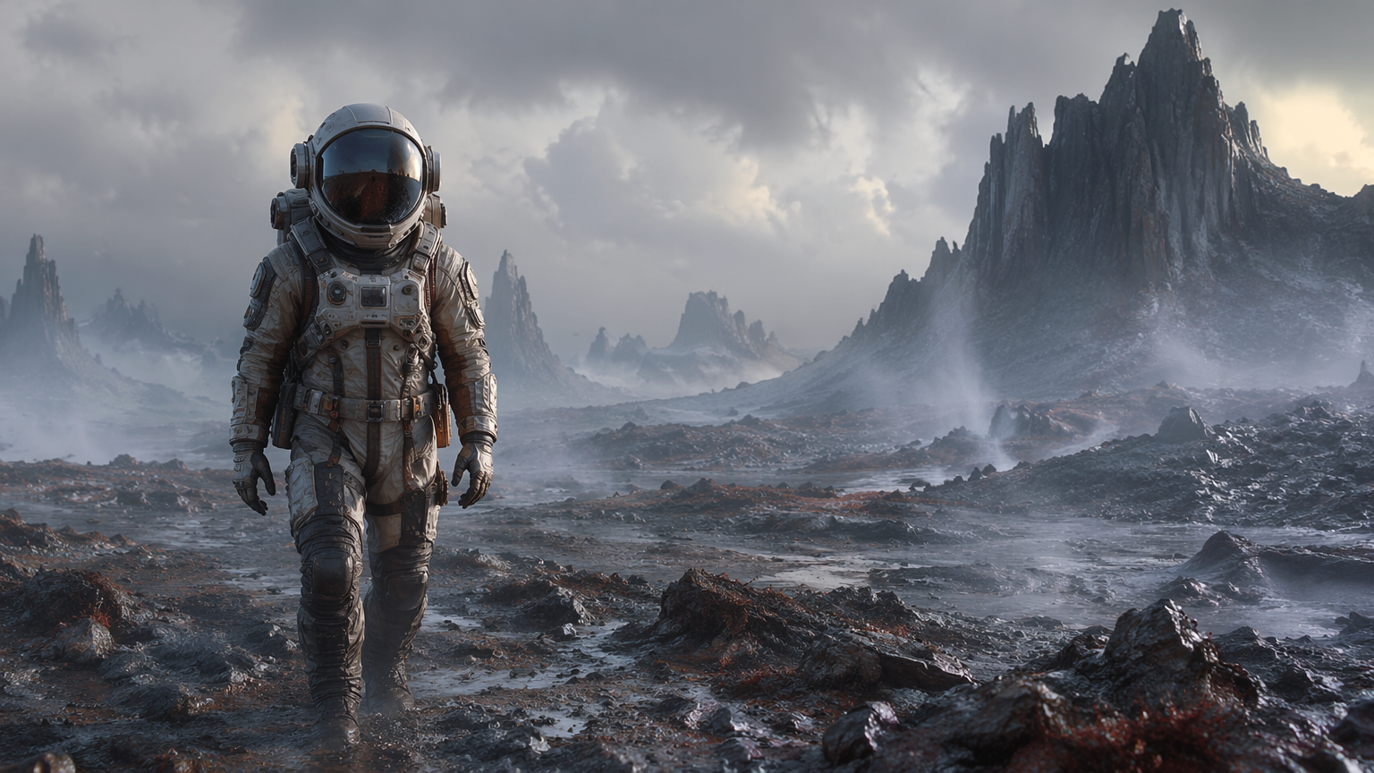 Frame cinematográfico de un astronauta original en un paisaje alienígena brumoso — el primer segmento