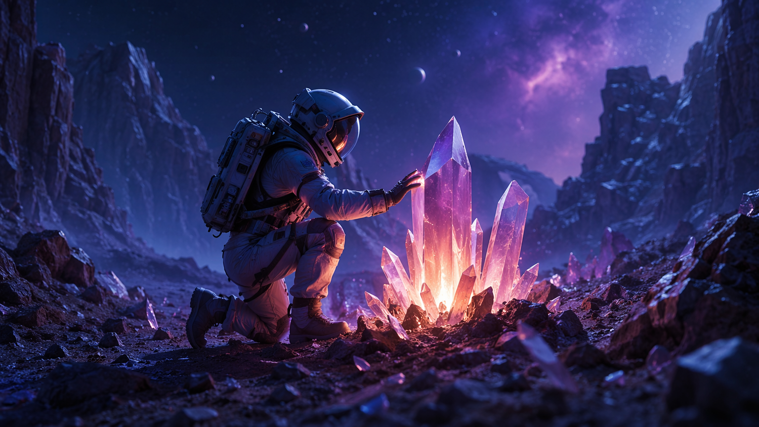 El mismo astronauta original avanzando hacia una formación de cristal luminosa, una continuación sin cortes
