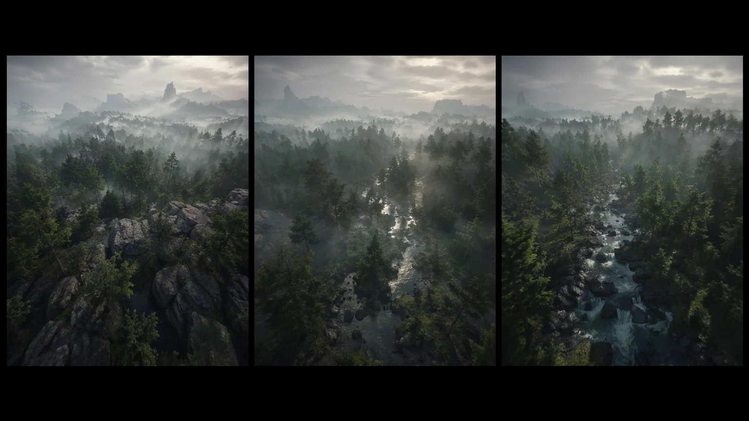 Three connected drone frames over a misty forest showing continued forward motion