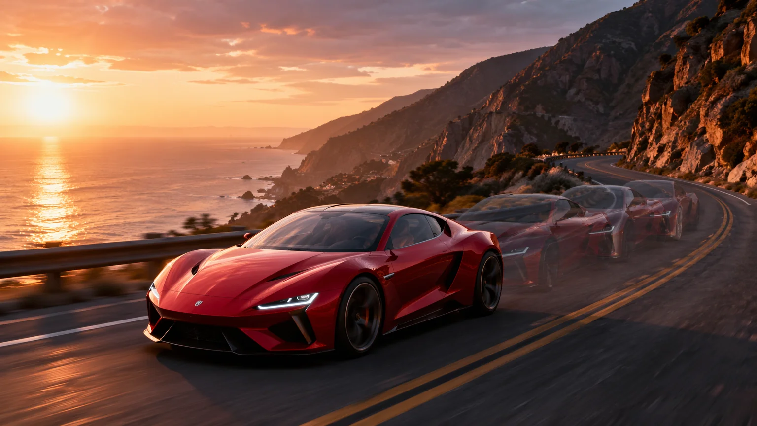 An original red sports car on a coastal road with trailing continuation frames suggesting the clip extending