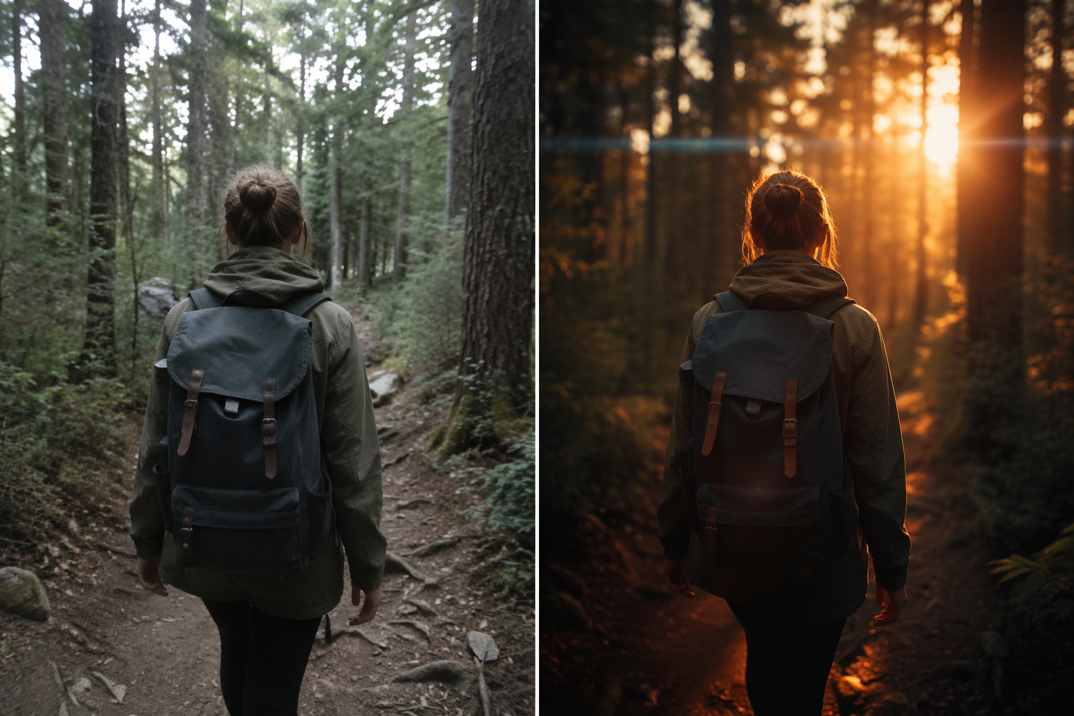 Before and after: handheld video clip restyled with cinematic lens and color grade