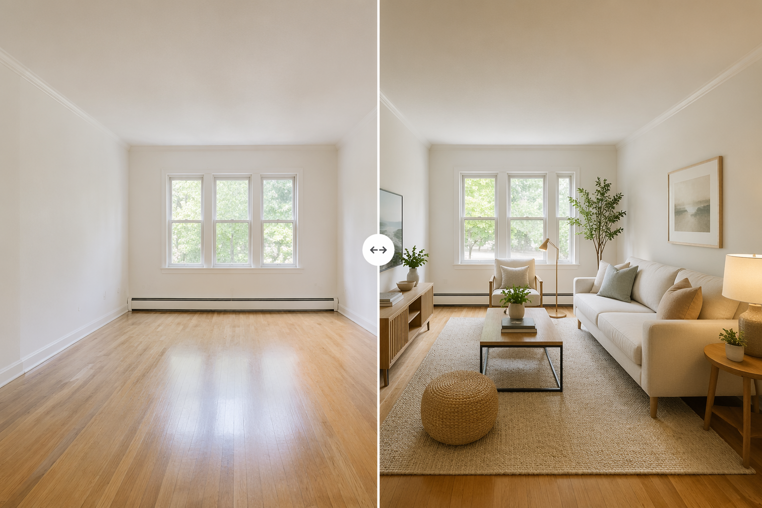Before-and-after AI virtual staging: an empty room on the left, the same room with AI-generated furniture and decor on the right