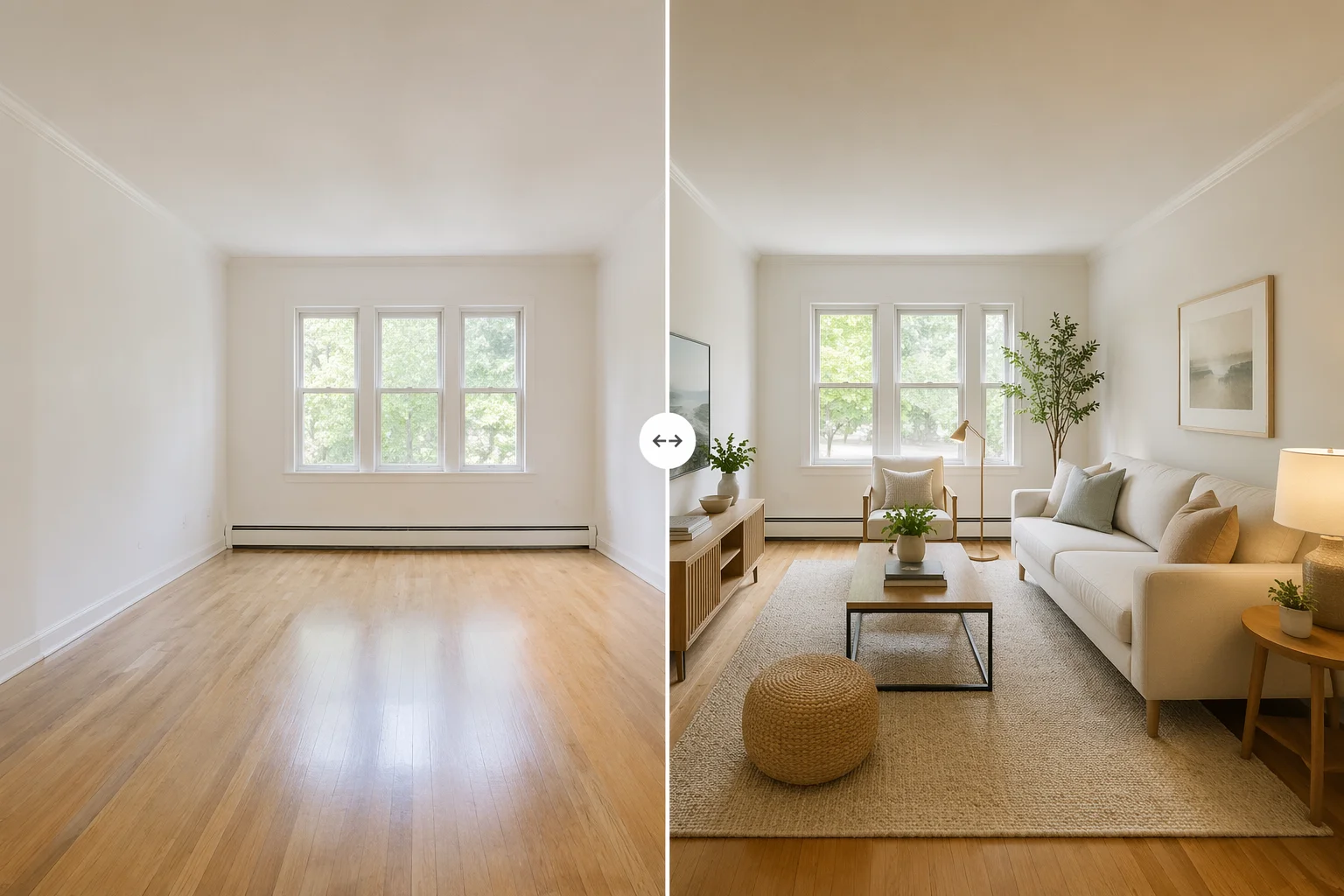 Before-and-after AI virtual staging: an empty room on the left, the same room with AI-generated furniture and decor on the right