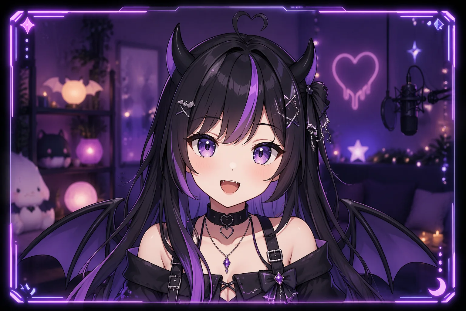 Stylized VTuber avatar talking to camera in a stream overlay setup with native lipsync animation