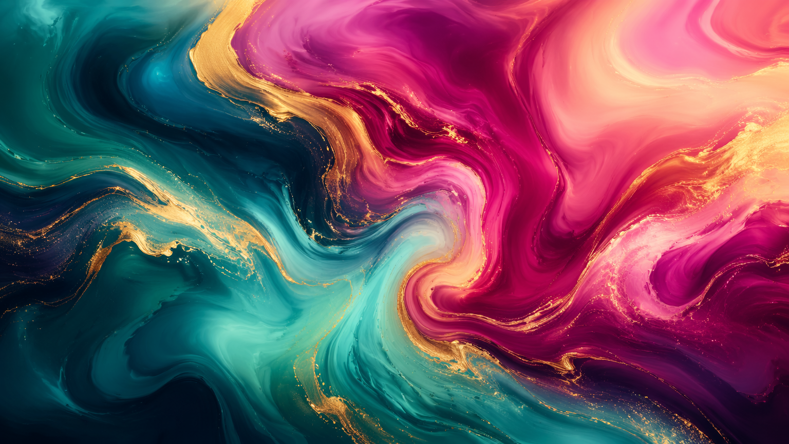Abstract fluid-art wallpaper of teal, magenta and gold marble swirls blending into soft gradients