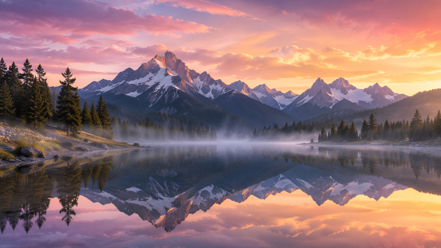 Photorealistic nature wallpaper of an alpine lake mirroring snow-capped mountains at sunrise