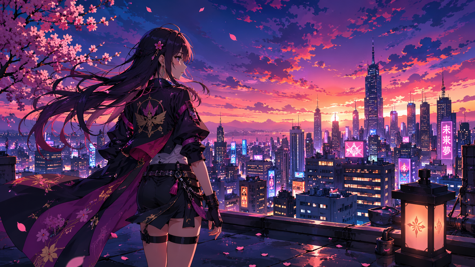 Anime-style wallpaper of an original heroine on a rooftop overlooking a neon city skyline at dusk