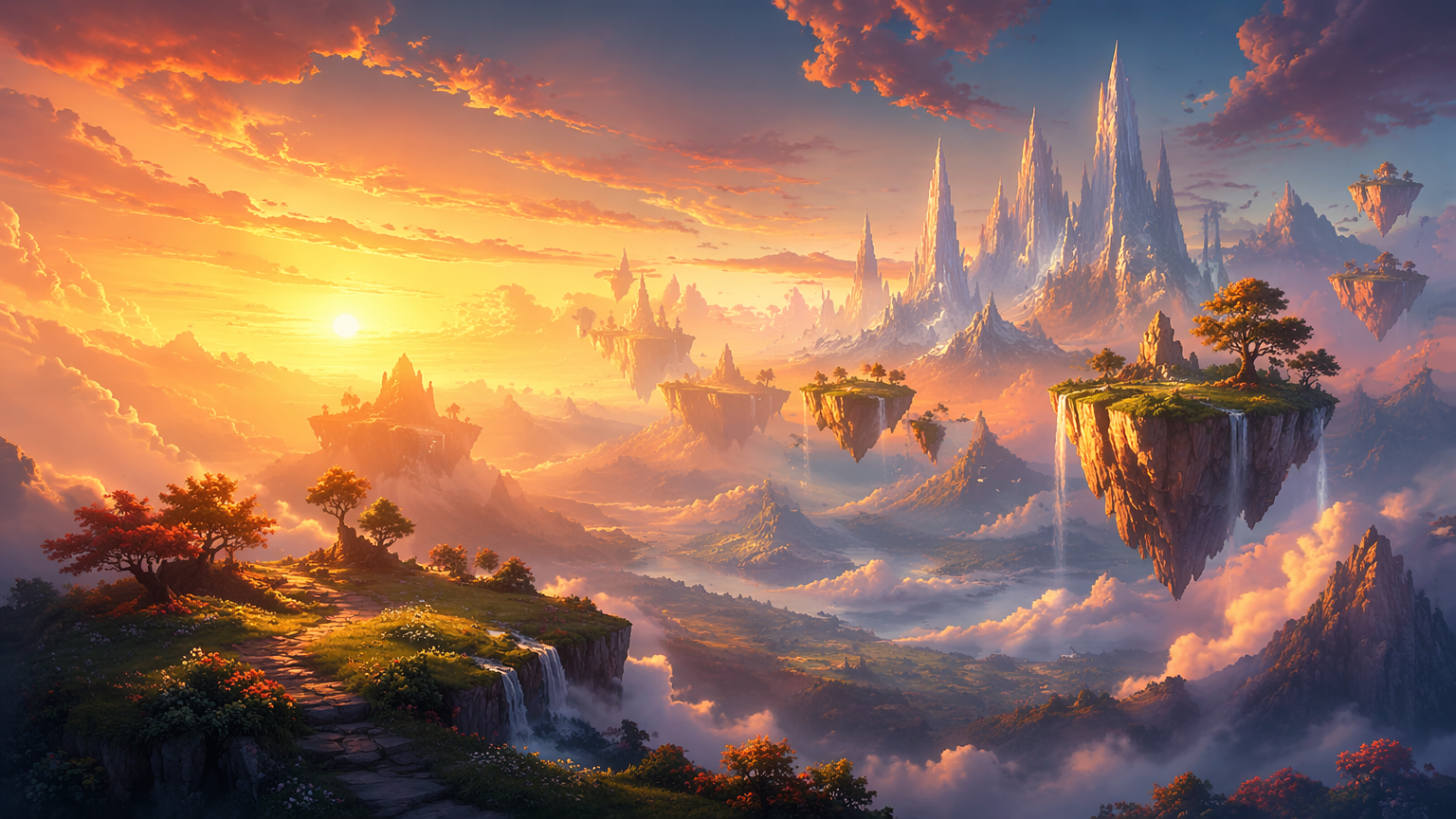 Original 16:9 fantasy-landscape desktop wallpaper of floating islands above a glowing valley at golden hour