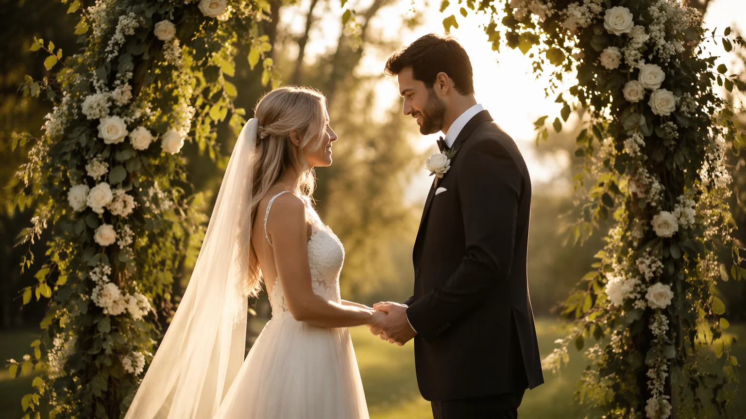 AI-generated wedding ceremony photo showing couple under floral arch at golden hour with soft warm light and flowing dress