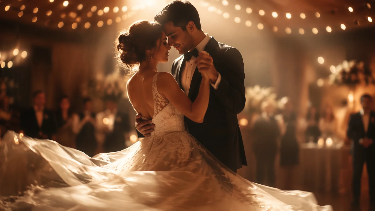 AI-animated wedding first dance clip with gentle camera movement, soft bokeh lights, and romantic atmosphere