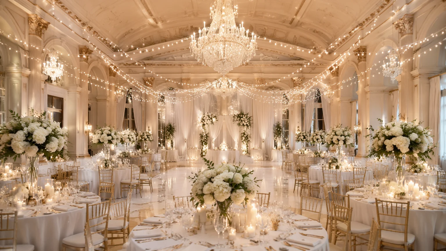 AI-generated wedding venue concept showing elegant ballroom with floral centerpieces, string lights, and white table settings