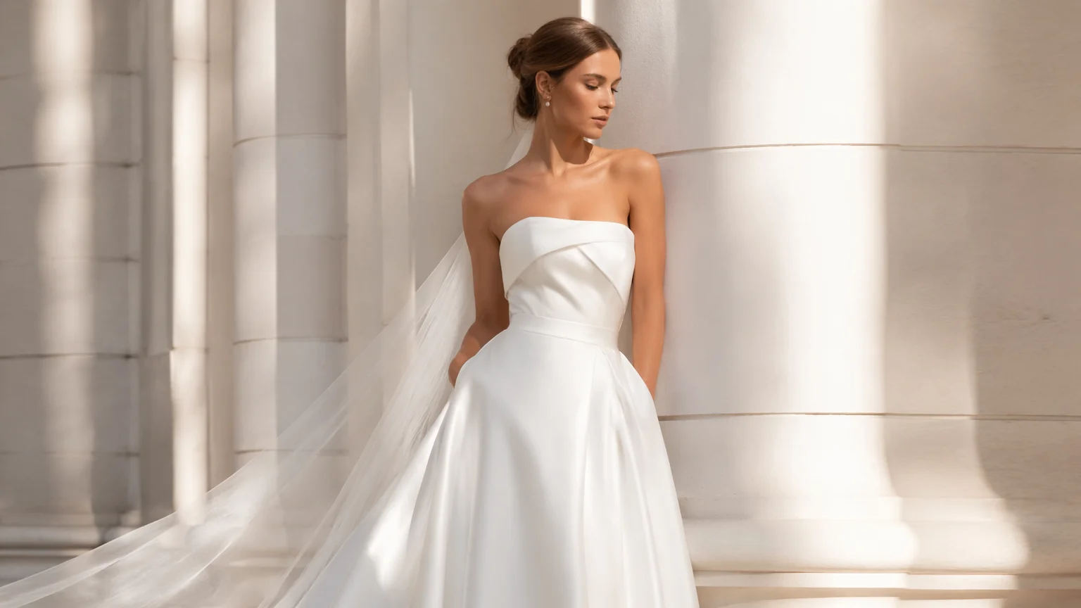 AI-generated bridal editorial portrait with clean minimal styling, flowing gown, and elegant architectural background